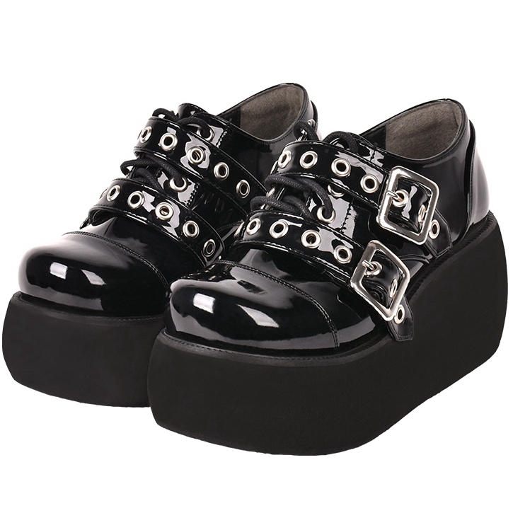 Black Gothic Grunge Punk Rivet Buckle Belt Platform Shoes for Women