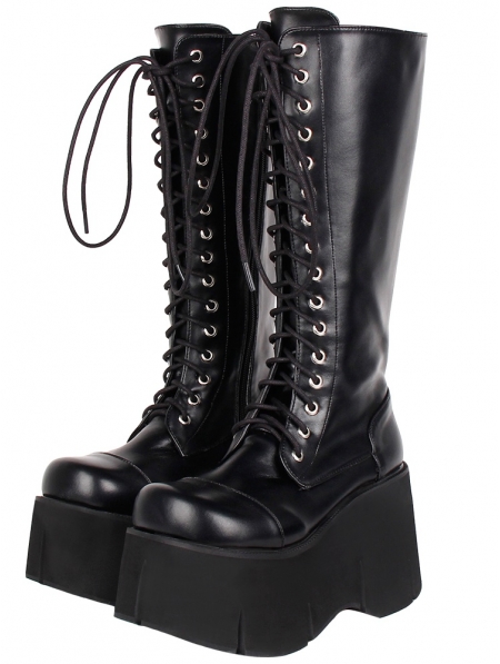 Black Gothic Grunge Punk Pu Leather Lace Up Platform Knee Boots For Women Uk