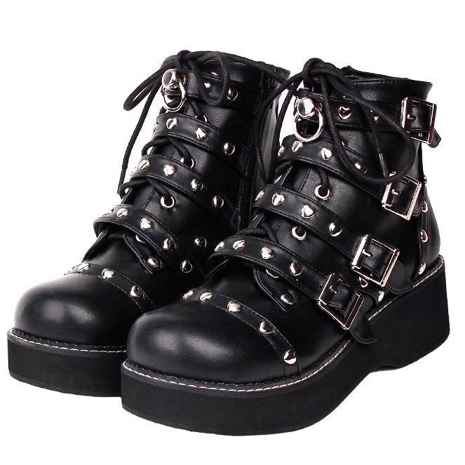 Black Gothic Grunge Punk Rivet Buckle Belt Platform Mid-Calf Boots for Women