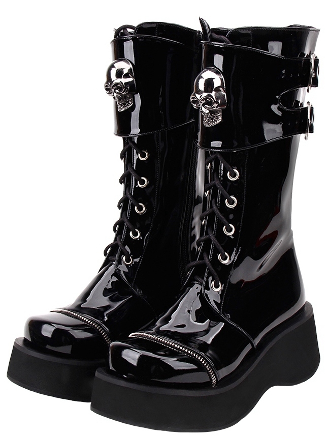 Black Gothic Grunge Punk Skull Buckle Belt Lace-up Platform Boots for Women