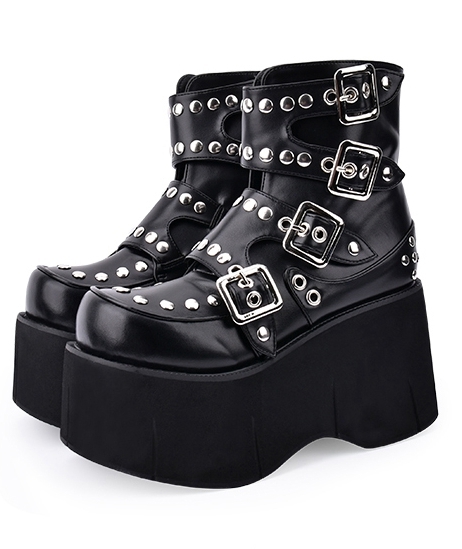 Black Gothic Grunge Punk Rivet Belt Platform Mid-Calf Boots for Women