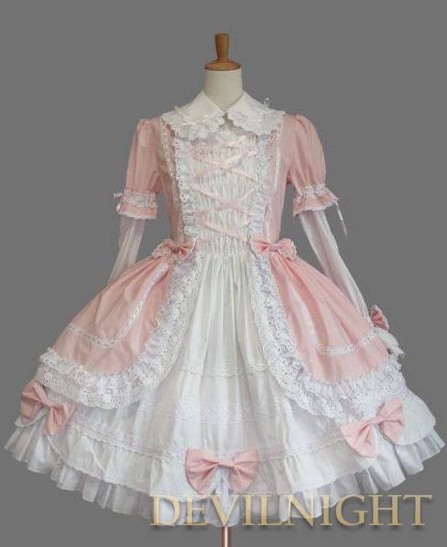 Pink and White Long Sleeves Bow Sweet Lolita Dress