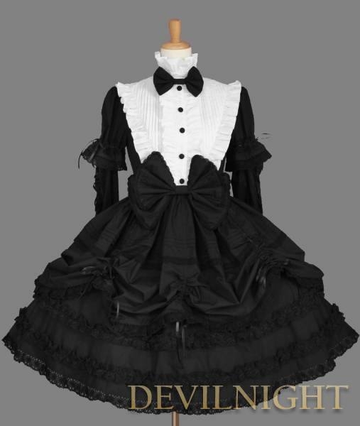 Black and White Long Detachable Sleeves Bow Gothic Lolita Dress 