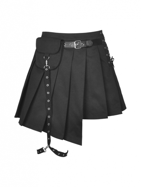 Black Gothic Punk Grunge Irreqular Pleated Short Skirt - Devilnight.co.uk