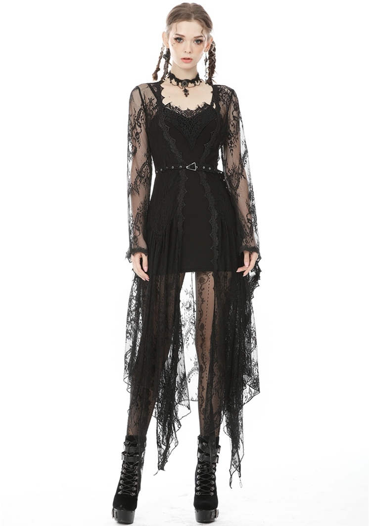 Black Romantic Lace Gothic Sexy Daily Wear Long Trench Coat for Women