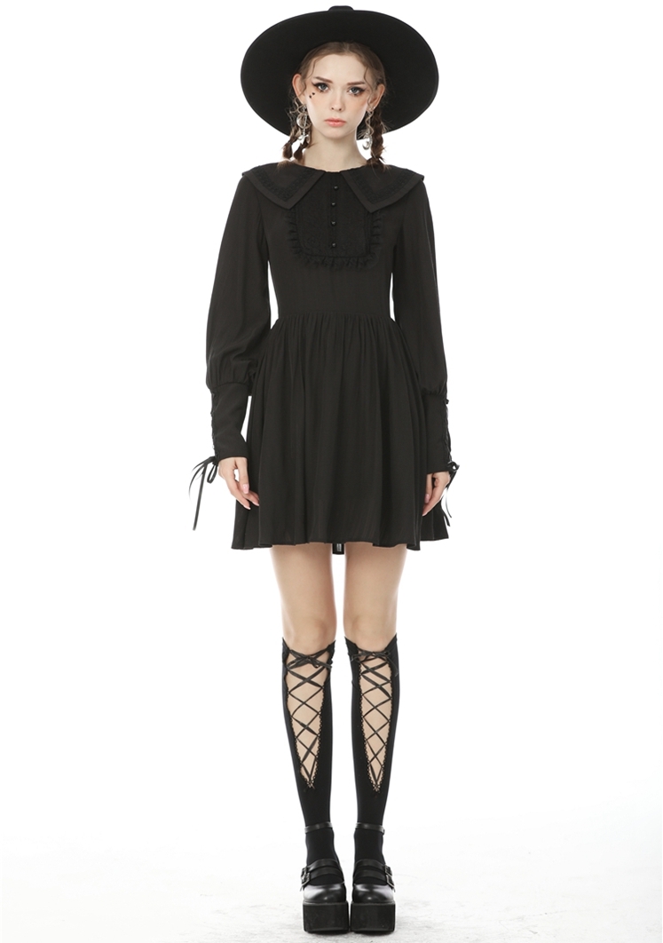 Black Sweet Gothic Long Lantern Sleeve Short Daily Wear Dress