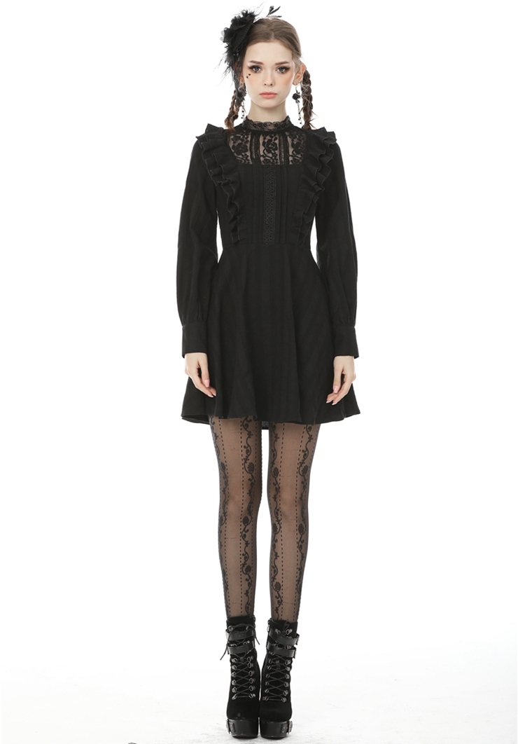 Black Gothic Lace Long Sleeve Short Daily Wear Dress