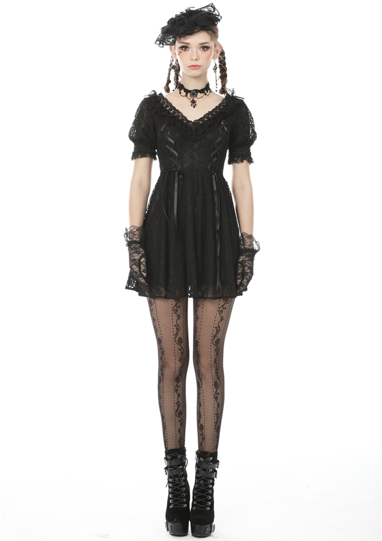 Black Gothic Lace Short Sleeve Daily Wear Dress