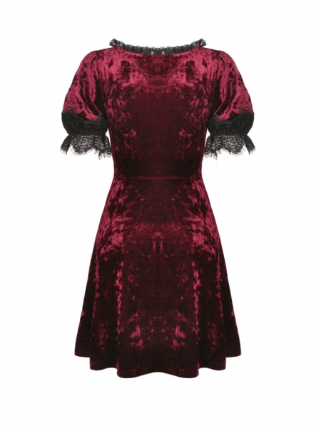 Wine Red Gothic Velvet Short Sleeve Daily Wear Dress - Devilnight.co.uk