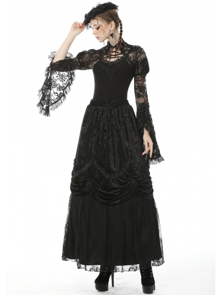 Black Vintage Gothic Tranparent Lace Long Trumpet Sleeve Cape for Women ...