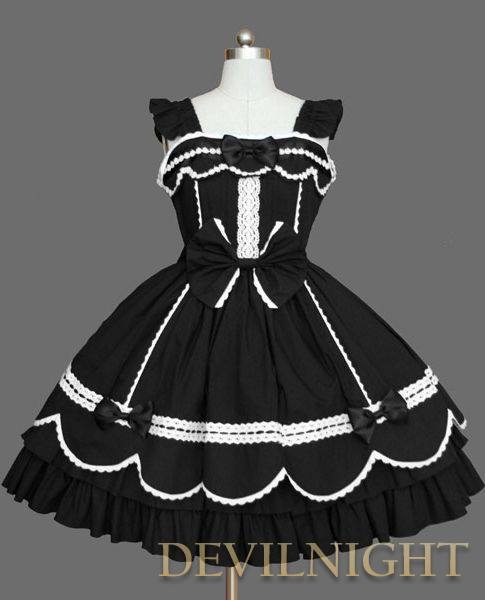 Black Cap Sleeves White Lace Sweet Gothic Lolita Dress