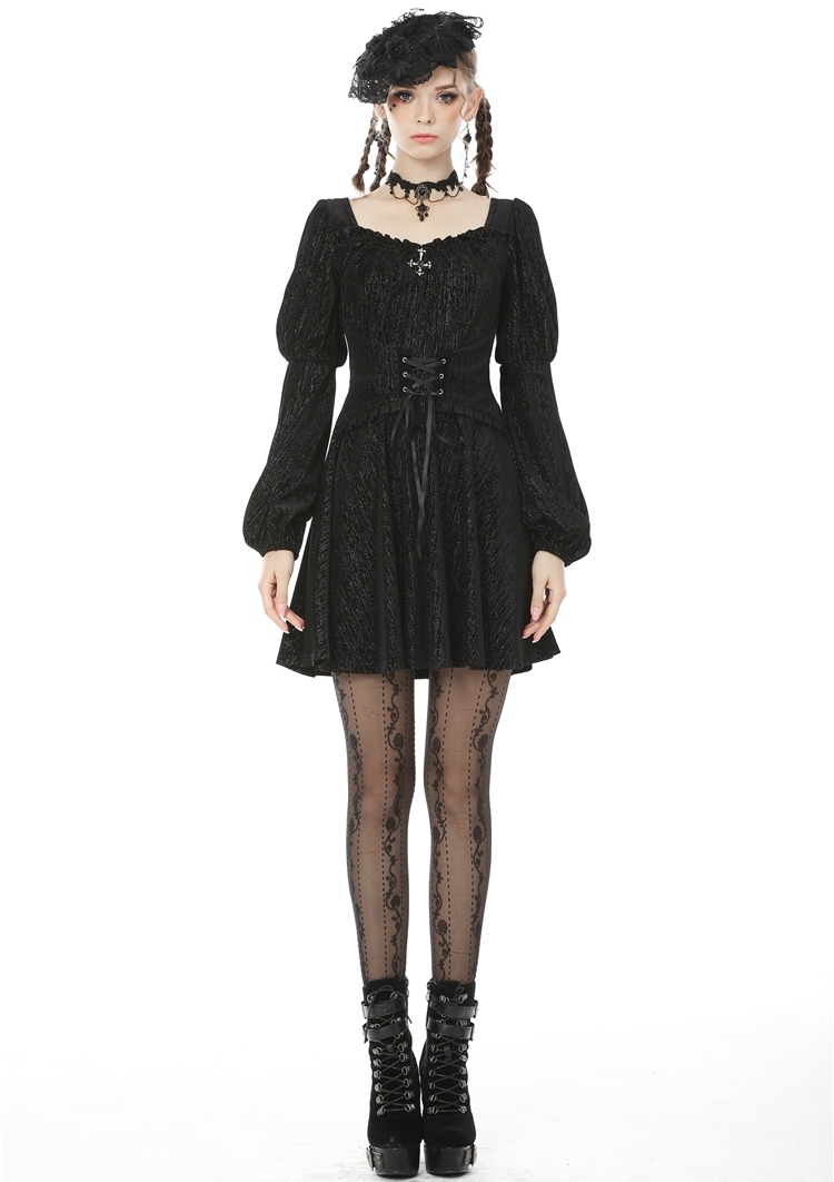 Black Vintage Gothic Long Puff Sleeve Short Casual Dress