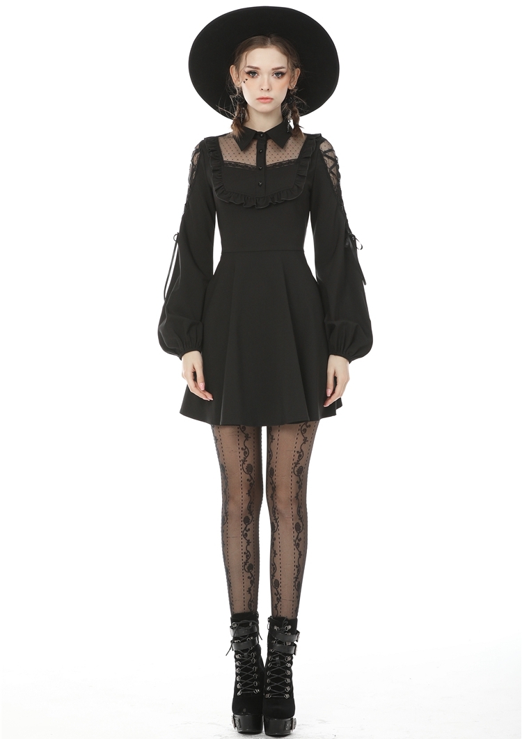 Black Sweet Gothic Doll Collar Long Lantern Sleeve Short Daily Wear Dress