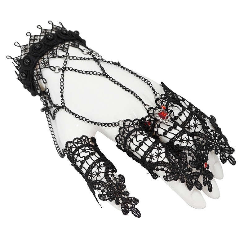 Dark Gothic Lace Chain Bracelet with Finger Cover