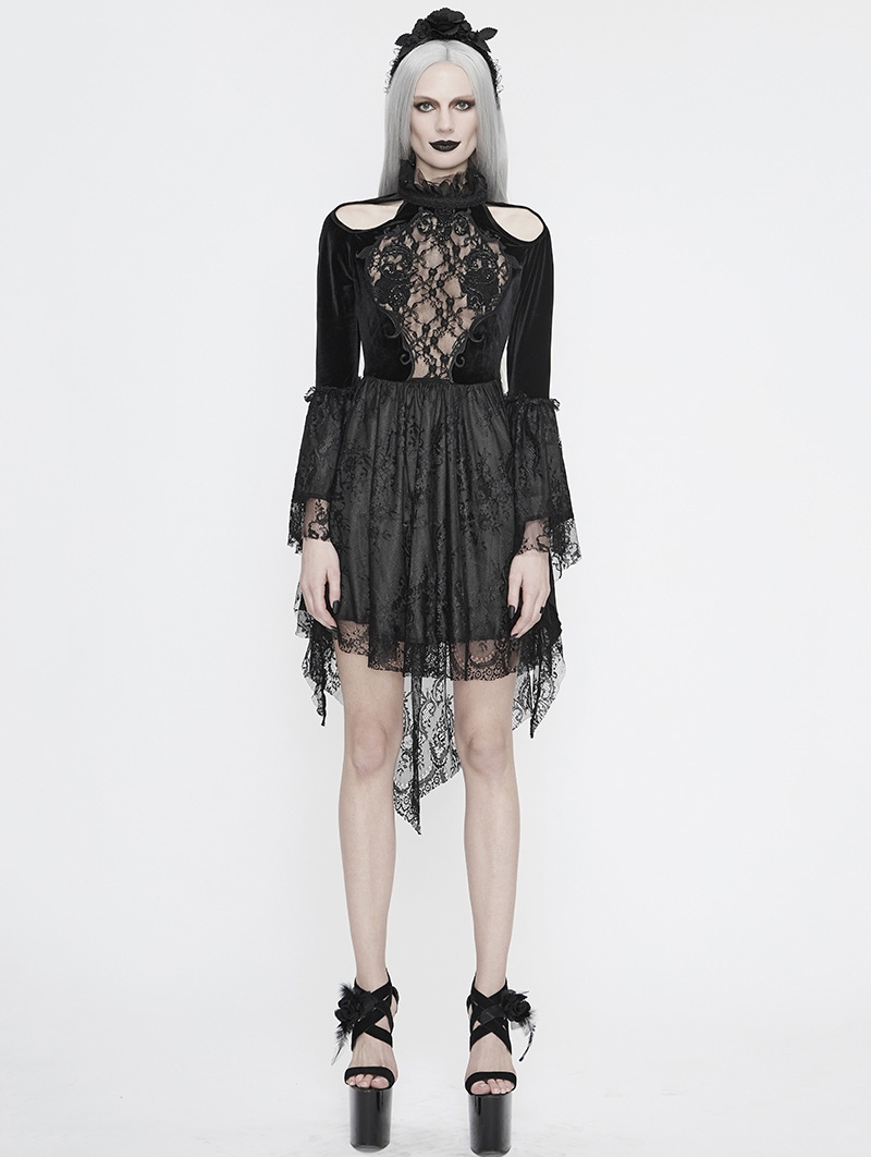 Black Sexy Gothic Hollwed-out Velvet Lace High-low Dress