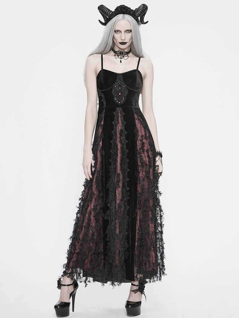 Black and Red Vintage Gothic Velvet Long Party Dress