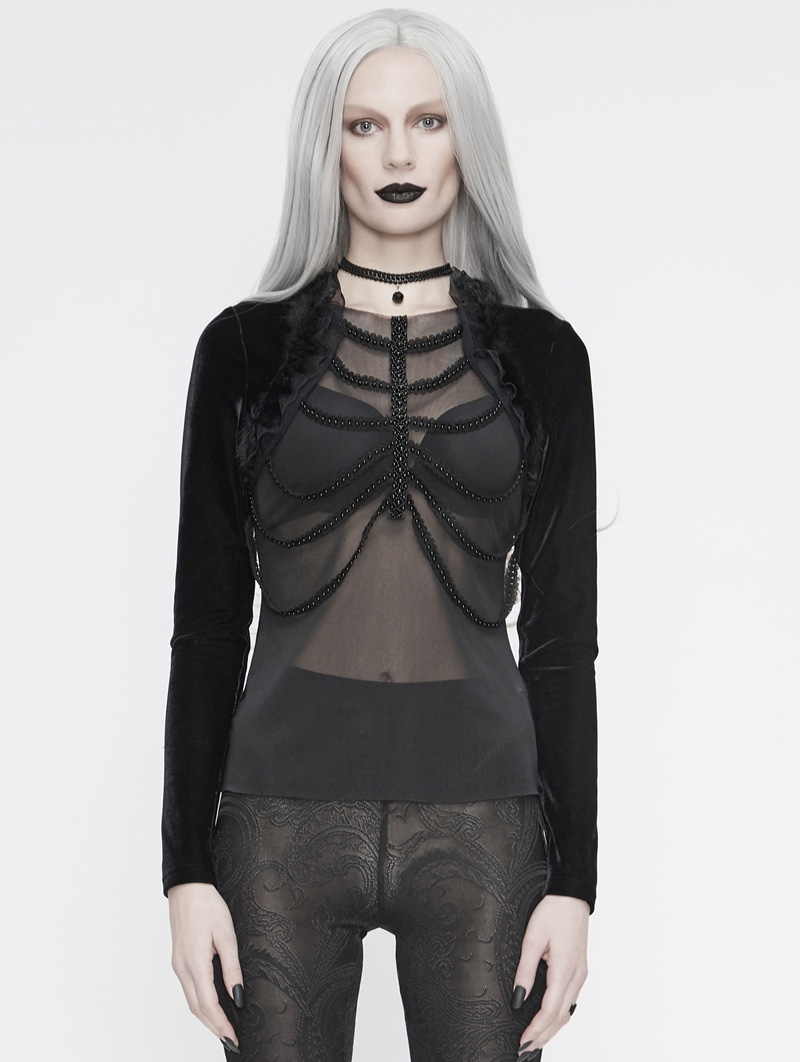 Black Gothic Sexy Transparent Long Sleeve Top for Women