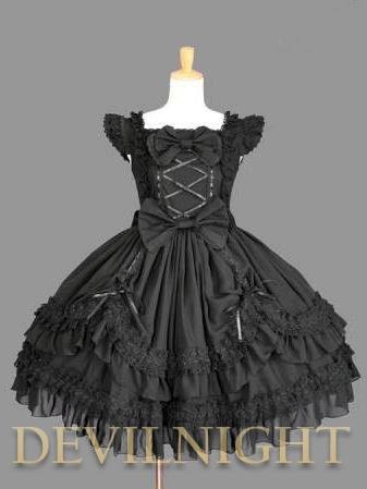 Black Ruffled Cap Sleeves Sweet Bow Gothic Lolita Dress