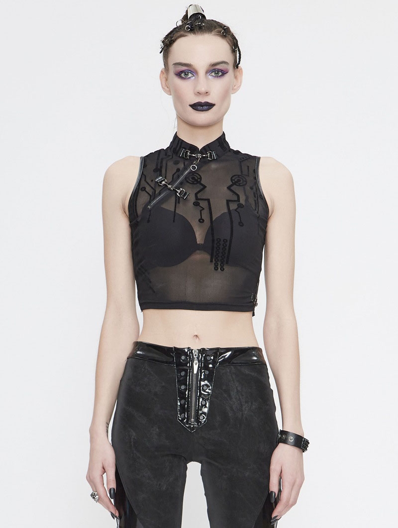 Black Sexy Gothic Net Sleeveless Short T-Shirt for Women