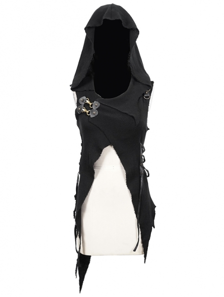 Black Gothic Punk Asymmetrical Sleeveless Hooded Vest Top for Women - Devilnight.co.uk