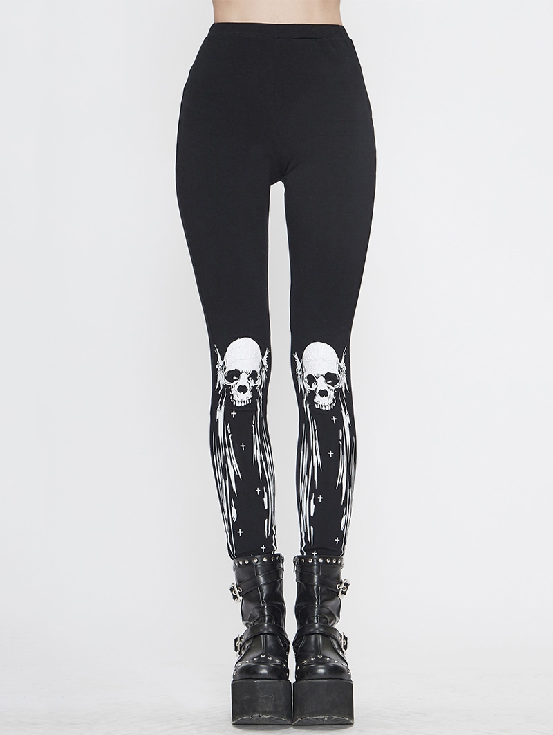 Black Gothic Punk Skull Pattern Long Legging for Women