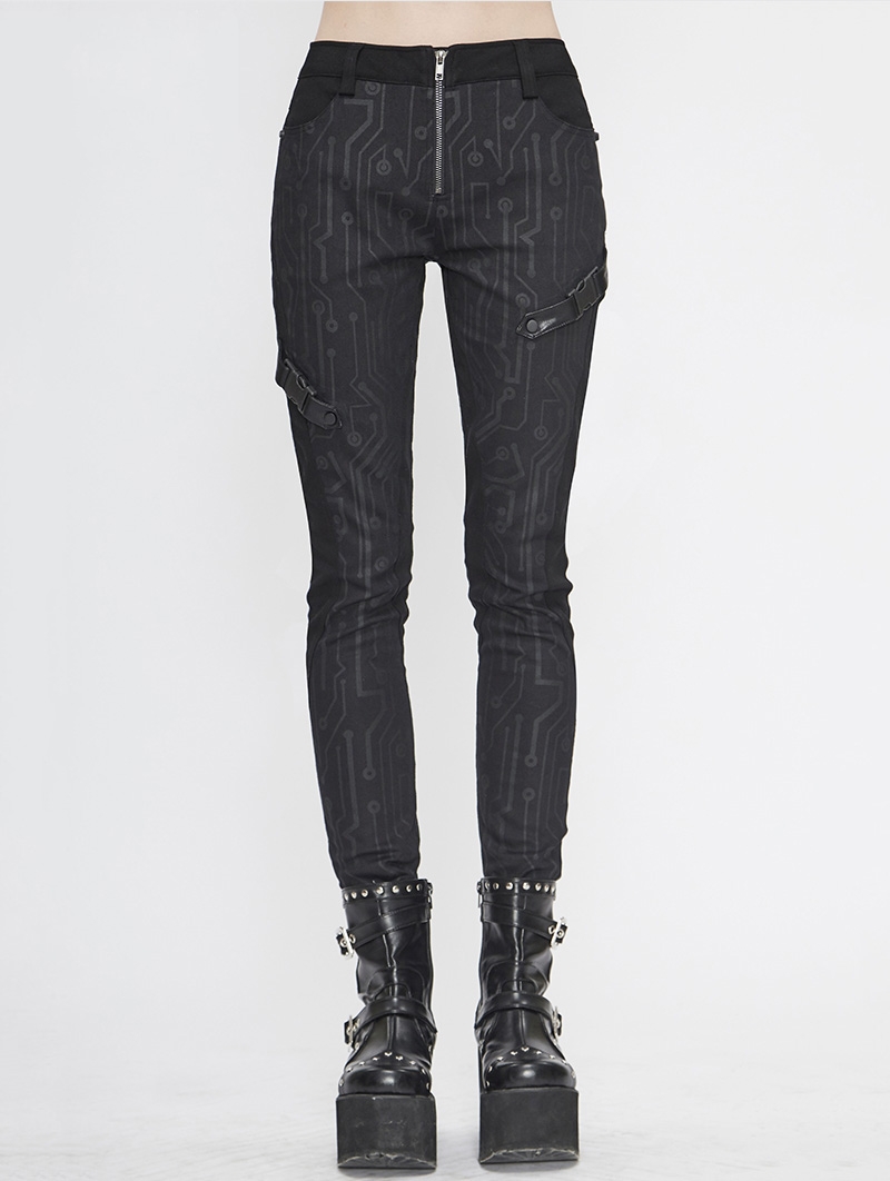 Black Gothic Punk Long Slim Trousers for Women