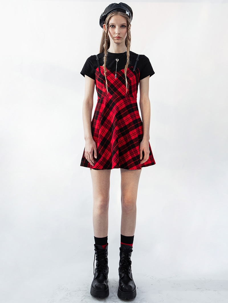 Black and Red Plaid Fake Two-Pieces Daily Wear Gothic Grunge Short Dress