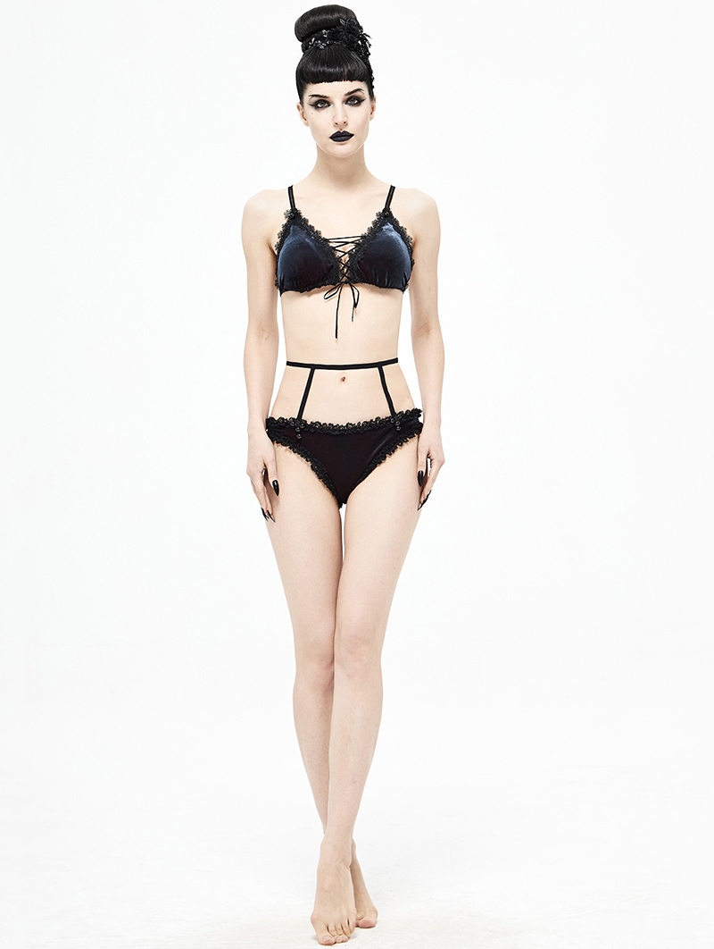 Dark Blue Gothic Velvet Sexy Two-Piece Swimsuit Set