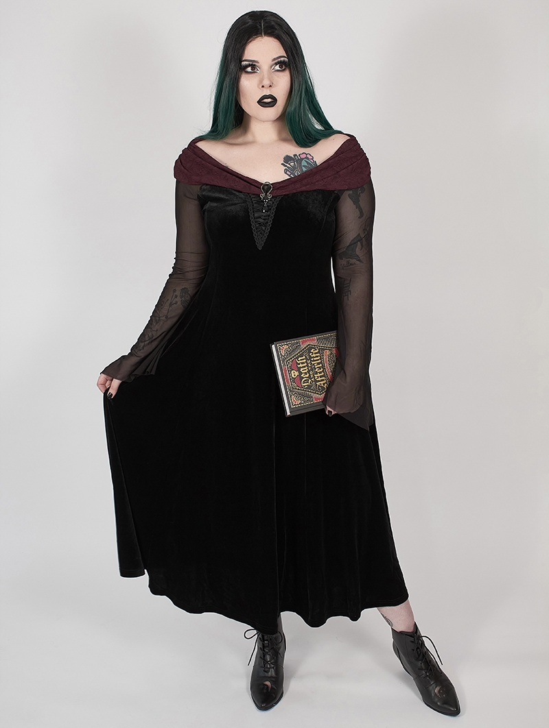 Black Gothic Velvet Horizontal Neck Long Plus Size Dress