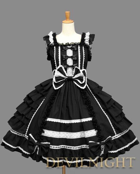 Black Bow Ruffles Sleeveless White Lace Sweet Gothic Lolita Dress