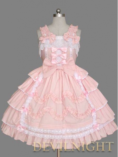 Pink Sleeveless Sweet Bow White Lace Sweet Lolita Dress - Devilnight.co.uk
