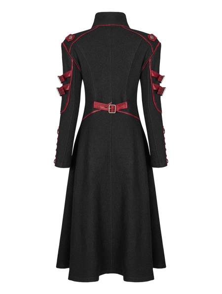 Black and Red Gothic Punk Military Casual Mid Length Coat for Women ...
