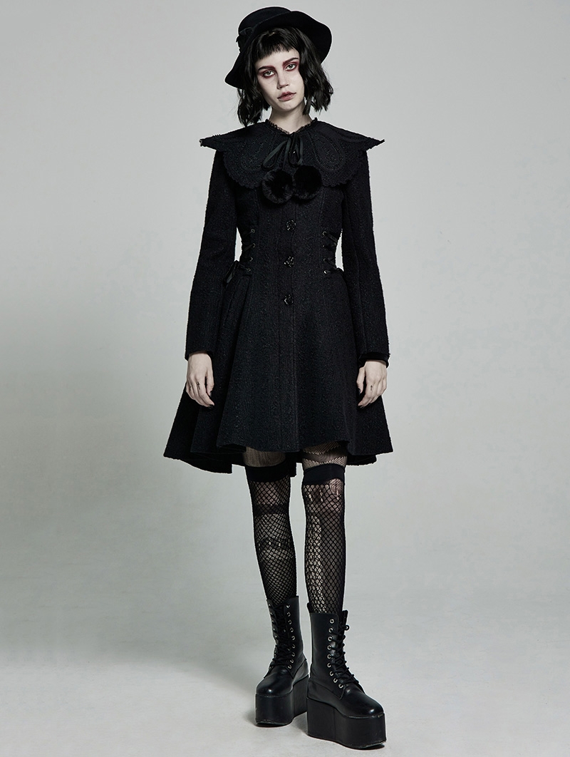 Black Gothic Lolita Mid Length Winter Warm Coat for Women