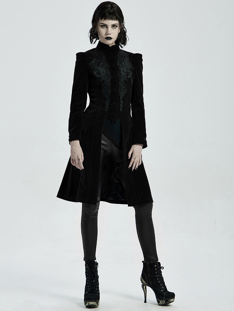 Black Vintage Gothic Velvet Mid Length Tail Coat for Women