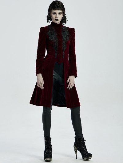 Dark Red Vintage Gothic Velvet Mid Length Tail Coat for Women ...