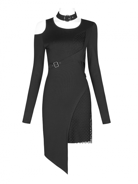 Black Gothic Punk Long Sleeve Asymmetric Short Dress - Devilnight.co.uk