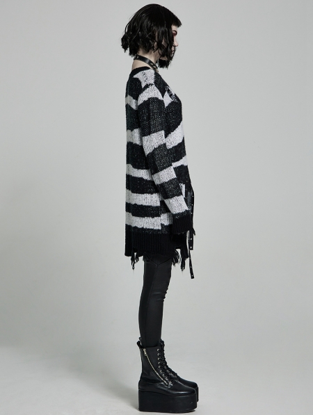 Black and White Stripe Gothic Pullover Daily Wear Sweater for Women ...