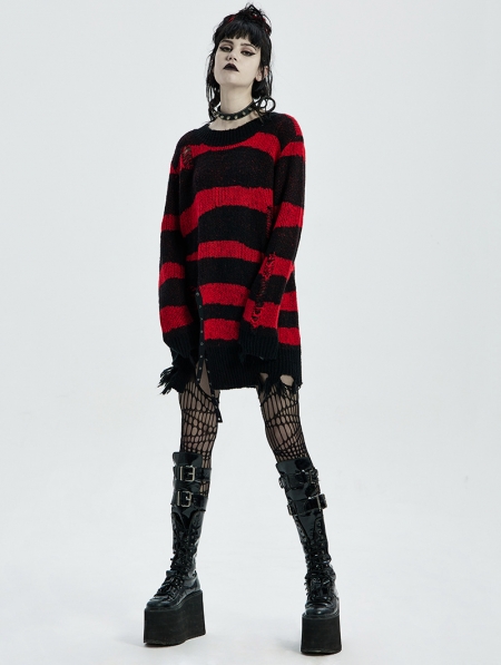 Black and Red Stripe Gothic Pullover Daily Wear Sweater for Women ...