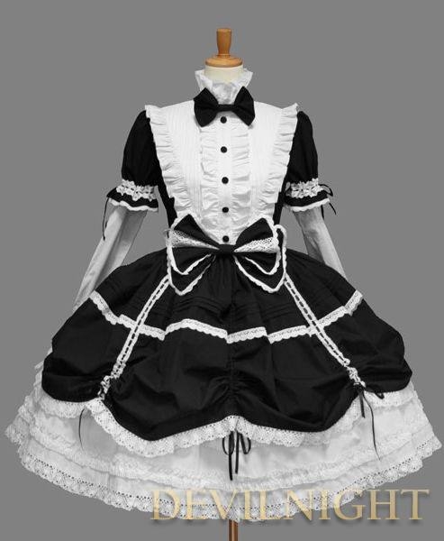 Black and White Long Detachable Sleeves Bow Sweet Gothic Lolita Dress 