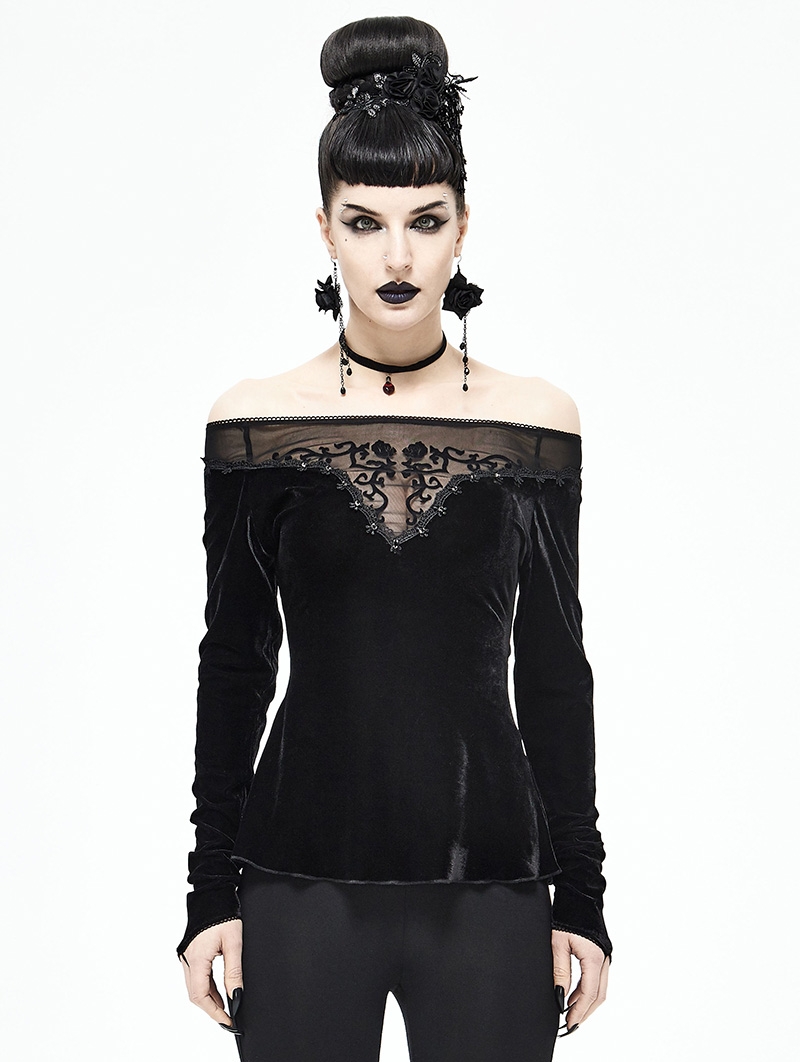 Black Gothic Sexy Velvet Off-the-Shoulder Long Sleeve Top for Women