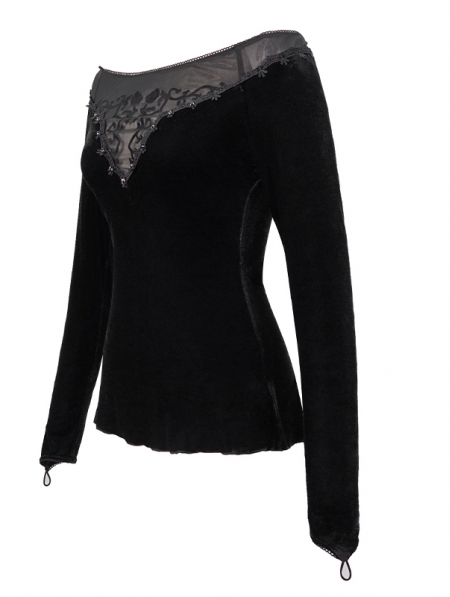 Black Gothic Sexy Velvet Off-the-Shoulder Long Sleeve Top for Women ...