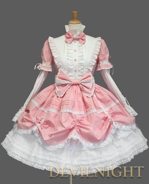 Pink and White Long Detachable Sleeves Bow Sweet Lolita Dress 