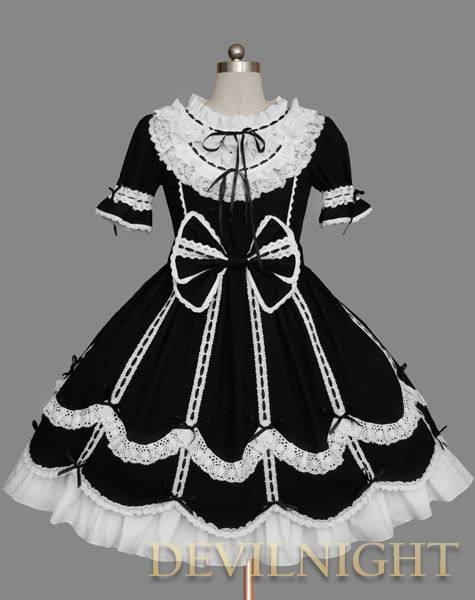 Black and White Short Sleeves Ribbon Bow Sweet Gothic Lolita Dress