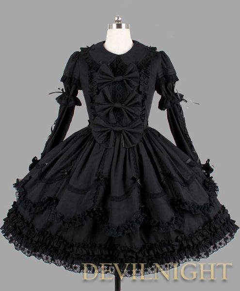 Black Long Sleeves Ribbon Bow Gothic Lolita Dress