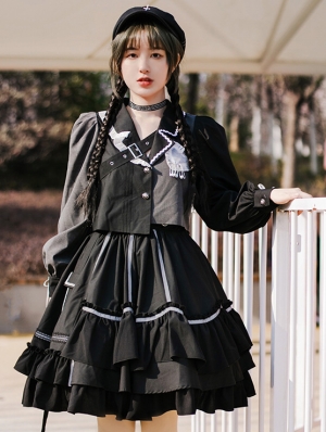 BAD J Night Talk Asymmetrical Black Gothic Reflective Stripe Lolita ...