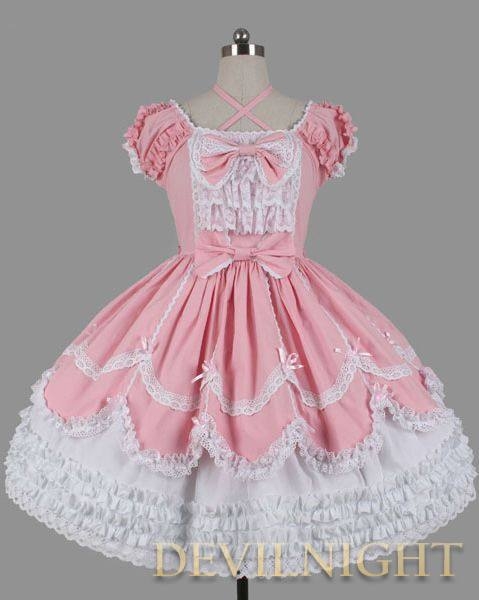 Pink and White Short Sleeves Lace Bow Sweet Lolita Dress