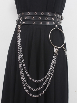 Black Gothic Punk PU Leather Belt with Hoop and Chain
