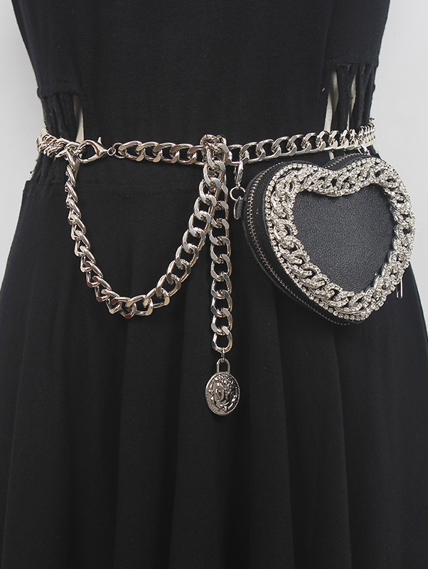 Black Gothic Punk PU Leather Metal Chain Belt with Detachable Bag