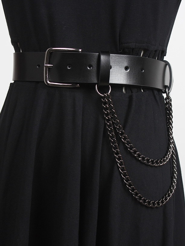 Black Gothic Punk Leather Wide Belt with Chain