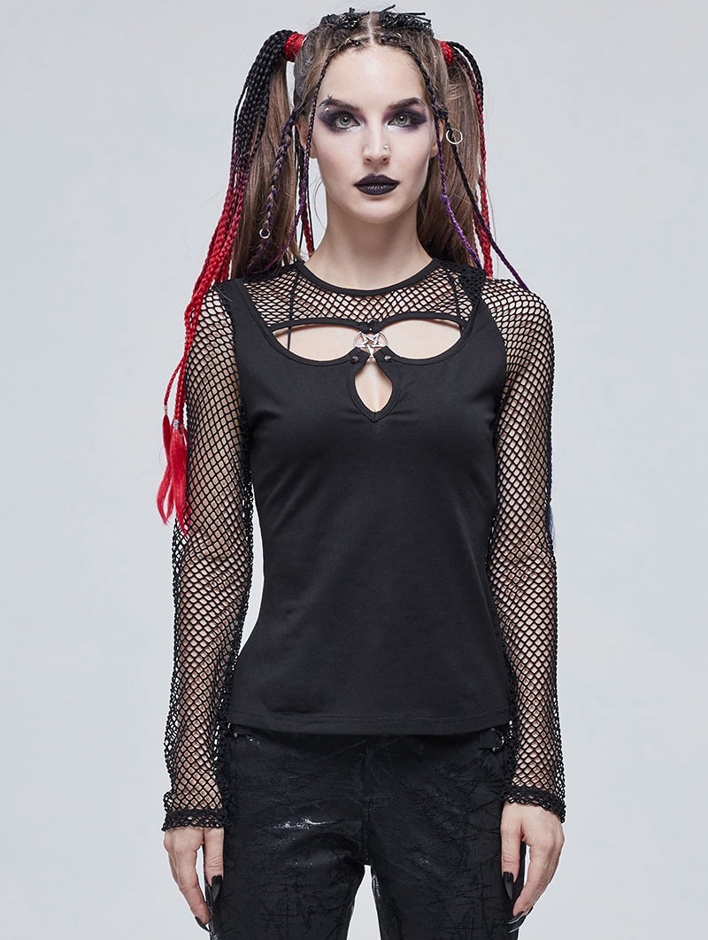 Black Gothic Punk Hollow-Out Long Sleeve T-Shirt for Women